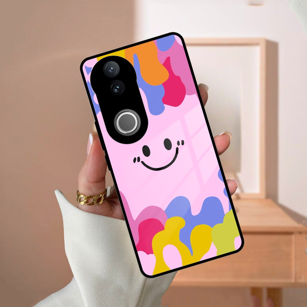 Cute Pink Smiley Multicolor Glass Case For iQOO