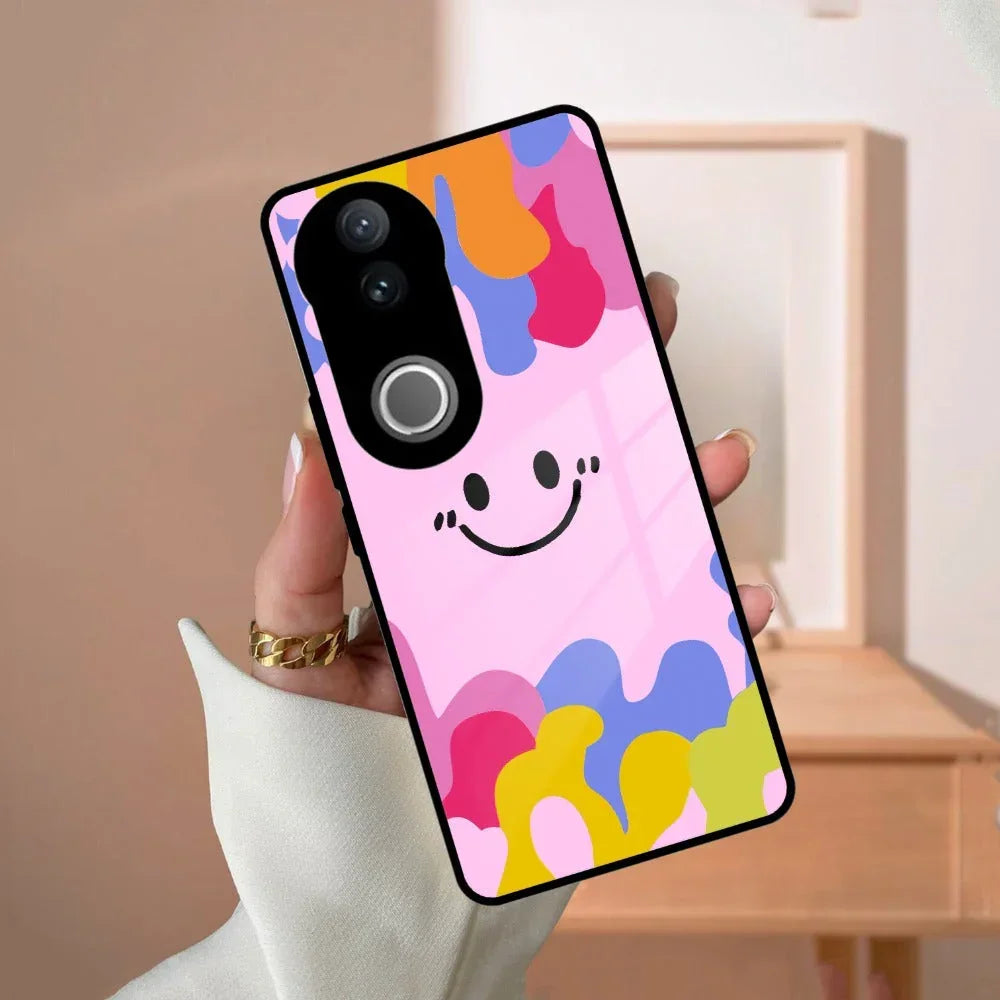 Cute Pink Smiley Multicolor Glass Case For iQOO - ShopOnCliQ