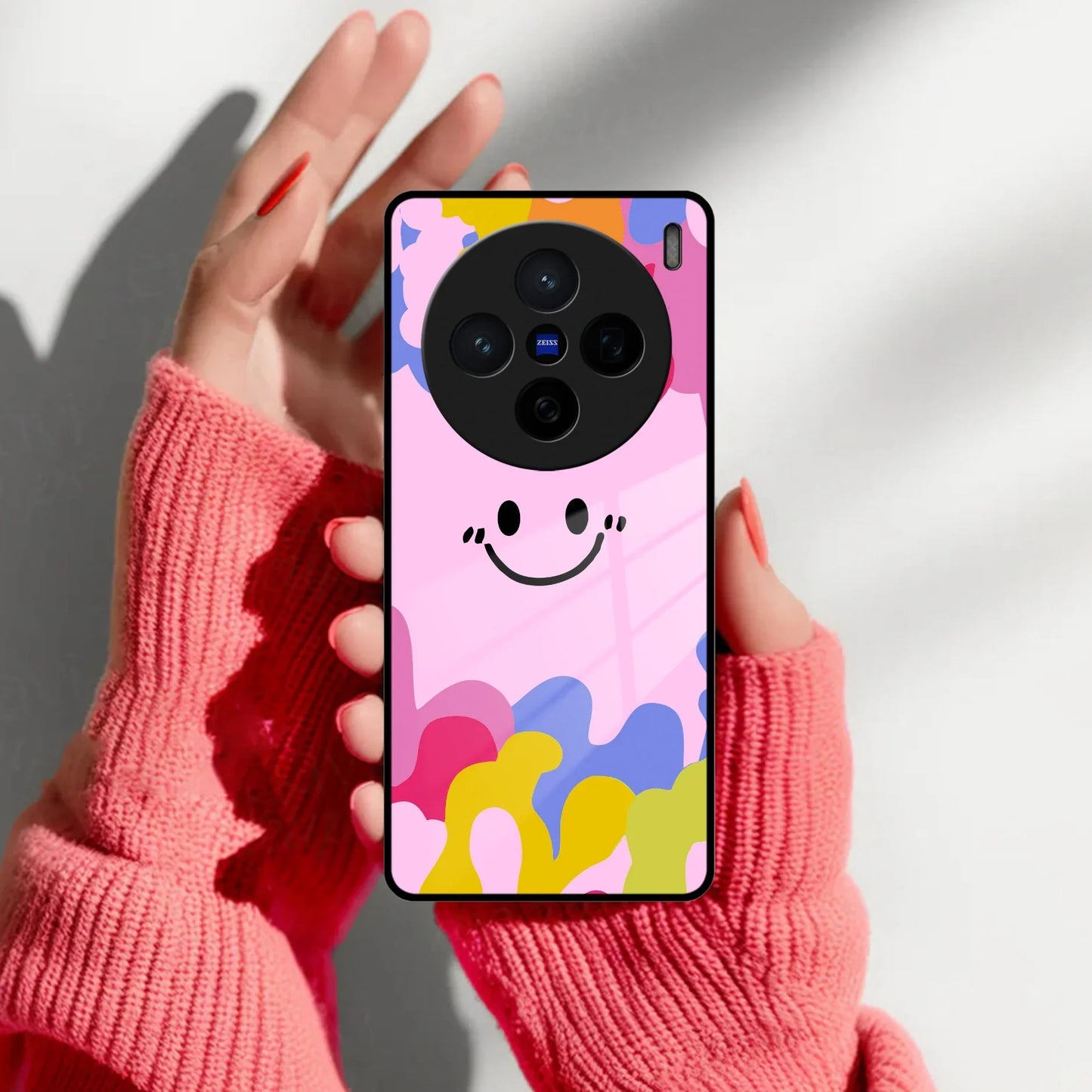 Cute Pink Smiley Multicolor Glass Case For Vivo - ShopOnCliQ