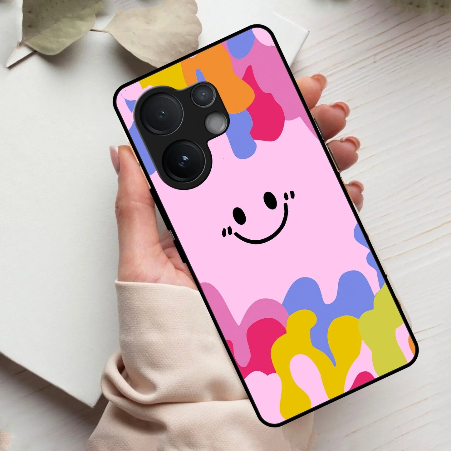 Cute Pink Smiley Multicolor Glass Case For Vivo - ShopOnCliQ