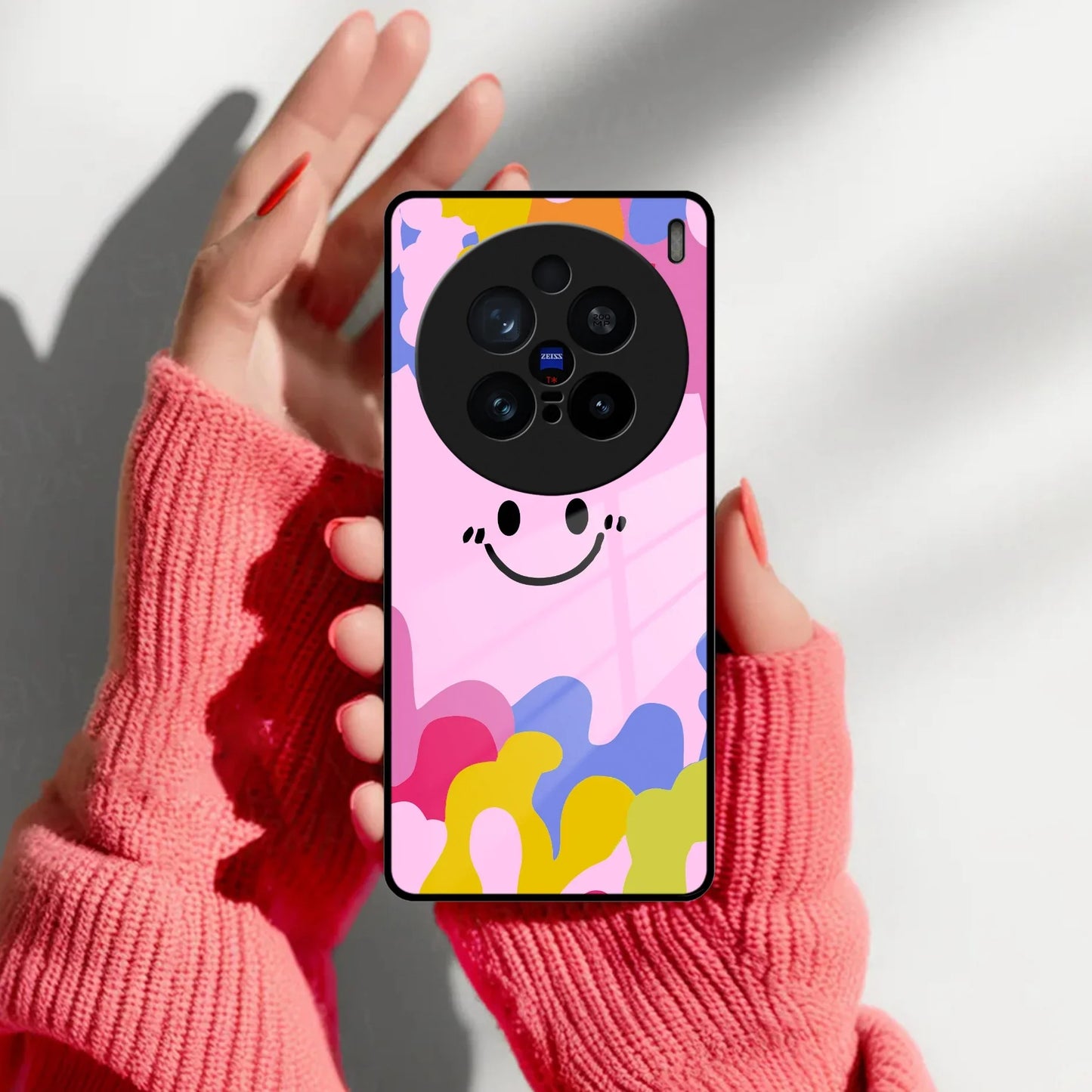 Cute Pink Smiley Multicolor Glass Case For Vivo - ShopOnCliQ