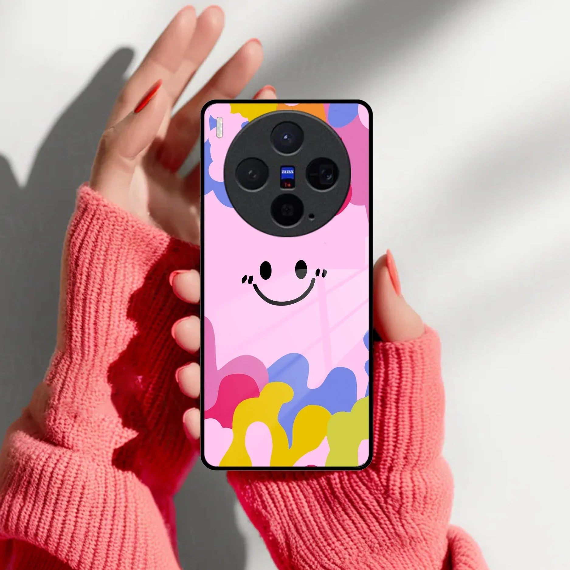 Cute Pink Smiley Multicolor Glass Case For Vivo