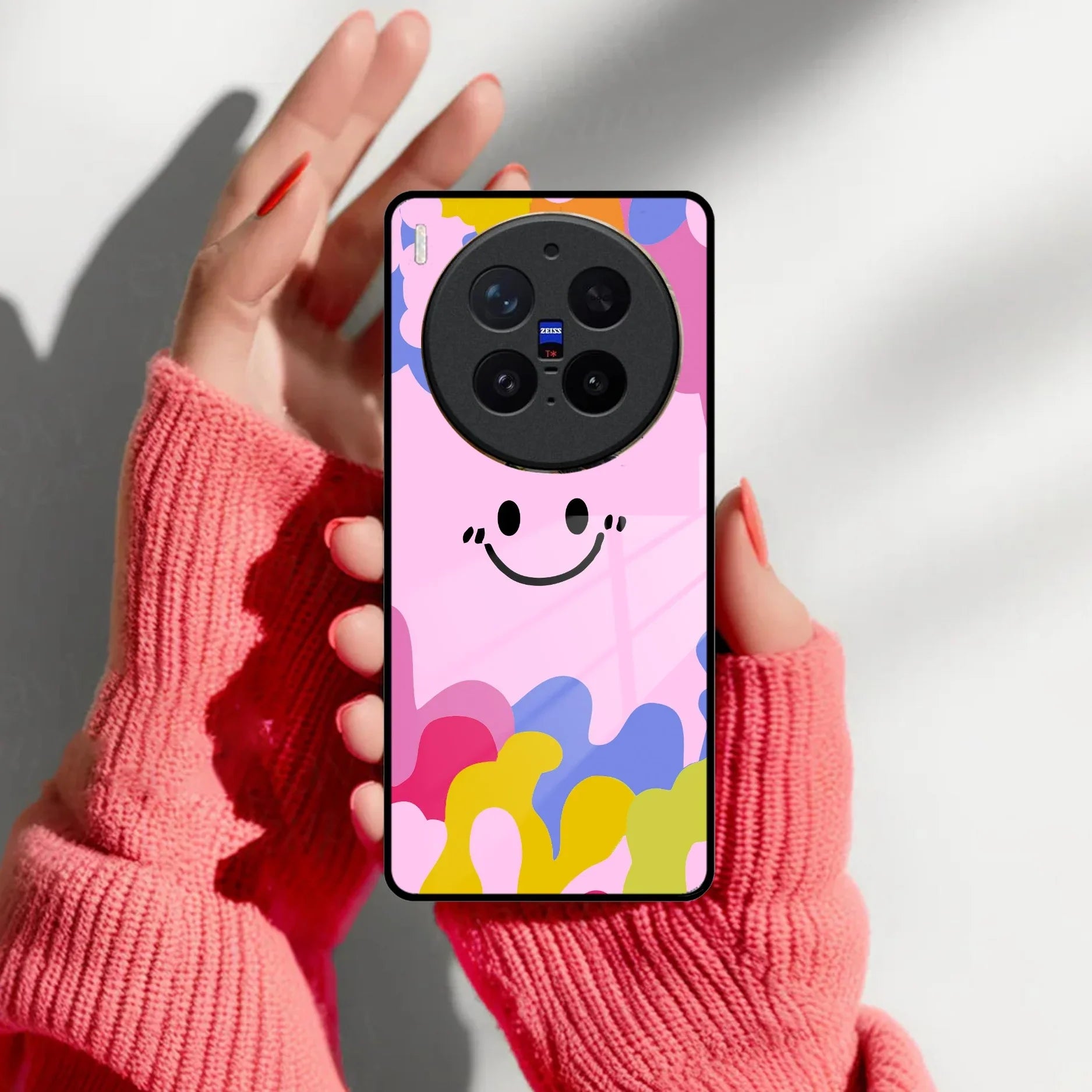 Cute Pink Smiley Multicolor Glass Case For Vivo