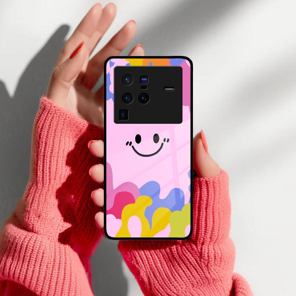 Cute Pink Smiley Multicolor Glass Case For iQOO