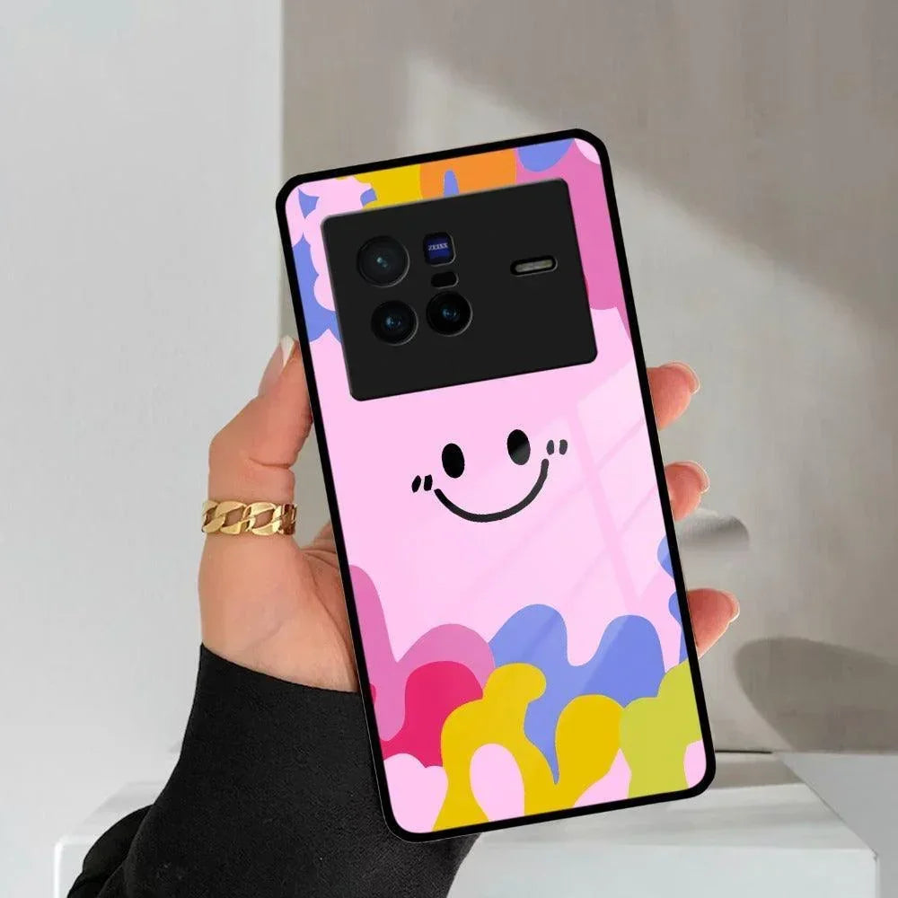 Cute Pink Smiley Multicolor Glass Case For Vivo - ShopOnCliQ