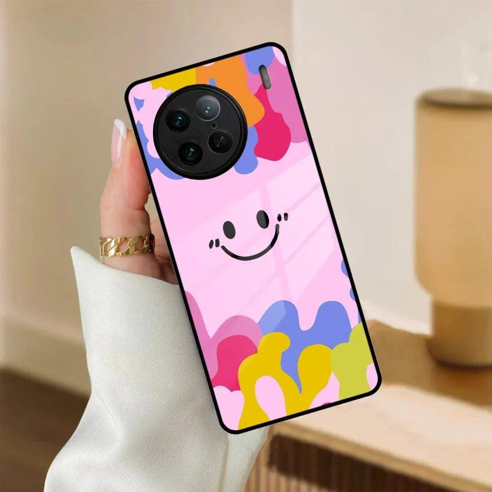 Cute Pink Smiley Multicolor Glass Case For Vivo - ShopOnCliQ