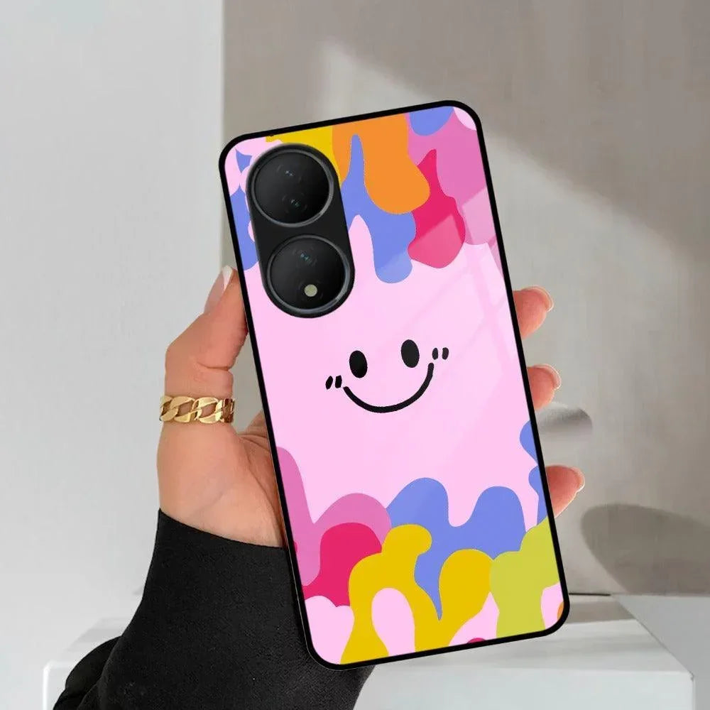 Cute Pink Smiley Multicolor Glass Case For Vivo - ShopOnCliQ