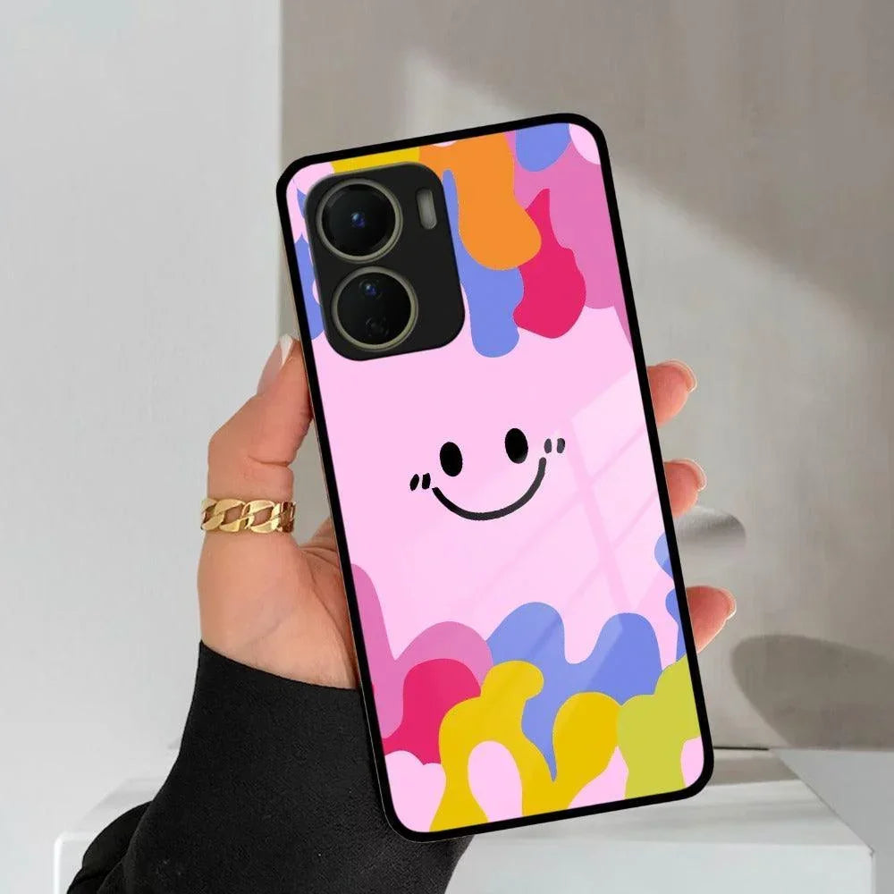 Cute Pink Smiley Multicolor Glass Case For Vivo - ShopOnCliQ
