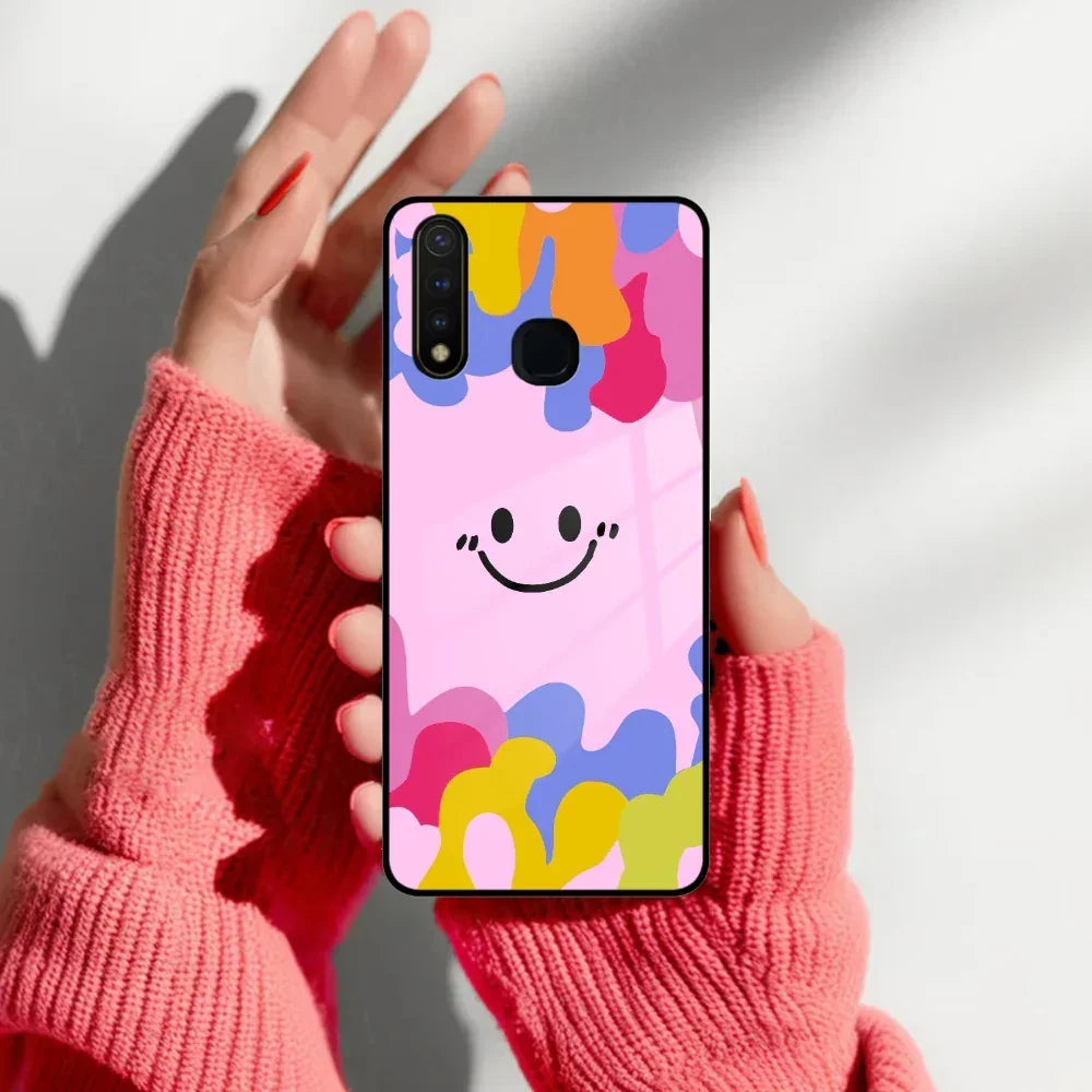 Cute Pink Smiley Multicolor Glass Case For Vivo - ShopOnCliQ