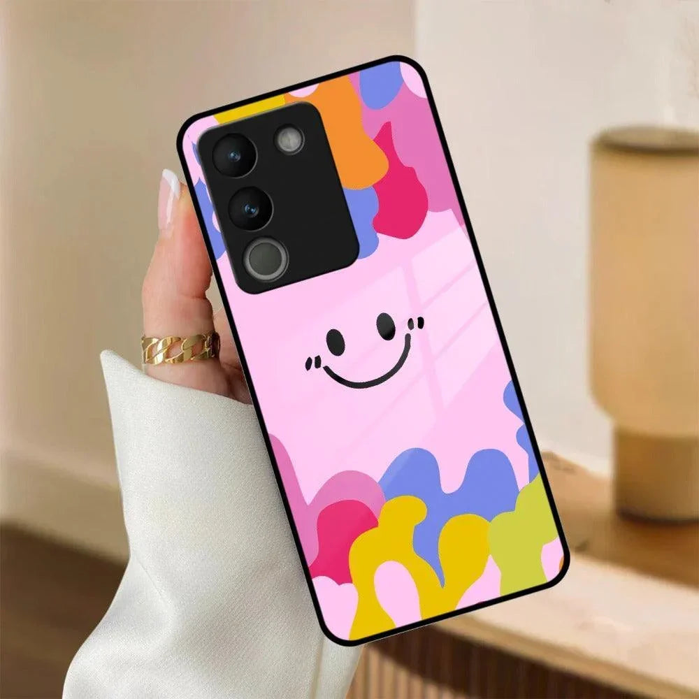 Cute Pink Smiley Multicolor Glass Case For Vivo - ShopOnCliQ