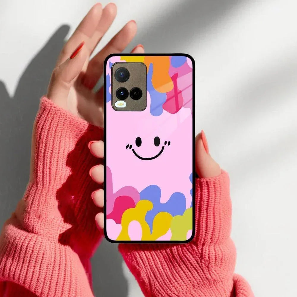 Cute Pink Smiley Multicolor Glass Case For Vivo - ShopOnCliQ