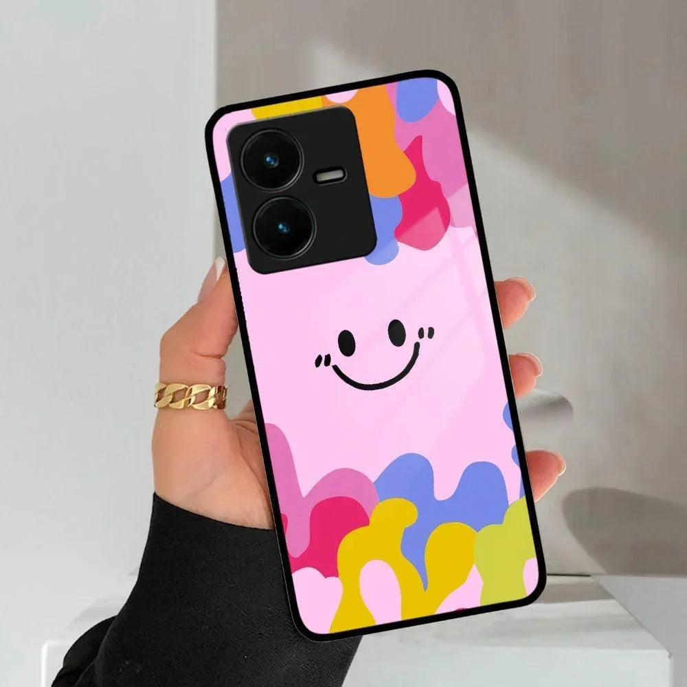 Cute Pink Smiley Multicolor Glass Case For Vivo - ShopOnCliQ