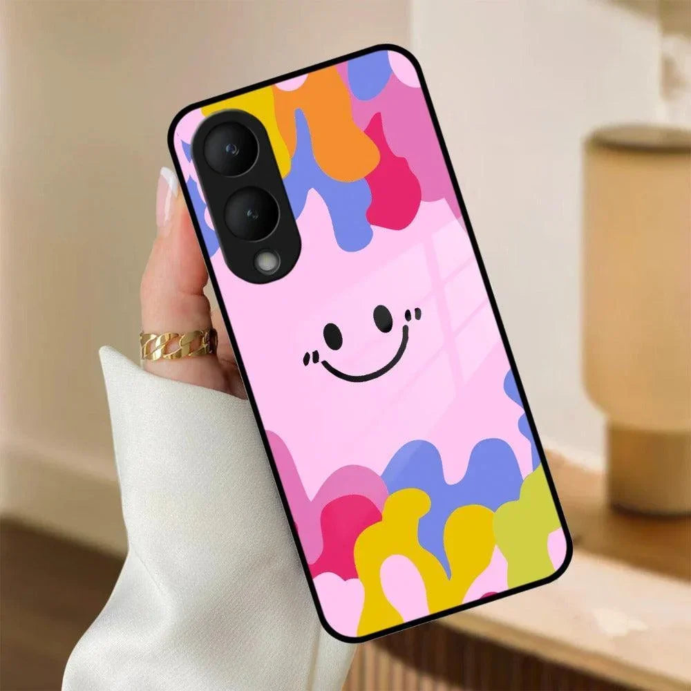 Cute Pink Smiley Multicolor Glass Case For Vivo - ShopOnCliQ
