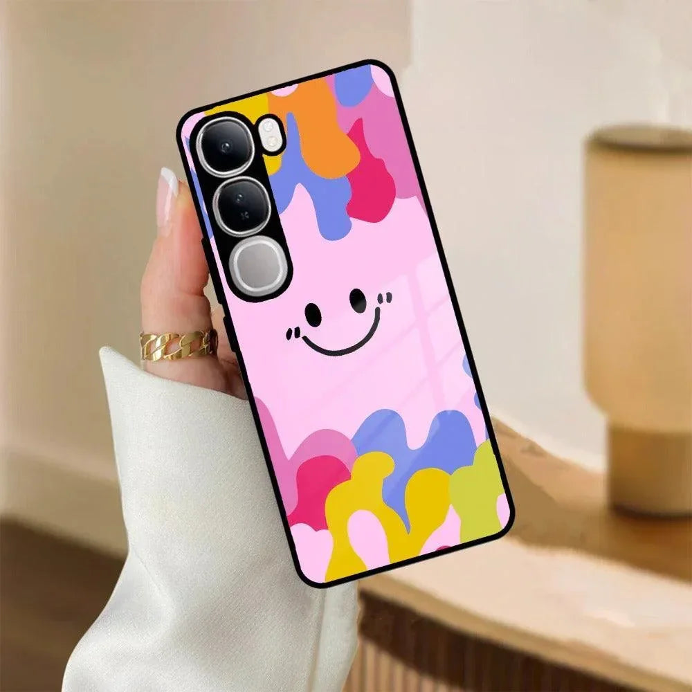 Cute Pink Smiley Multicolor Glass Case For Vivo - ShopOnCliQ