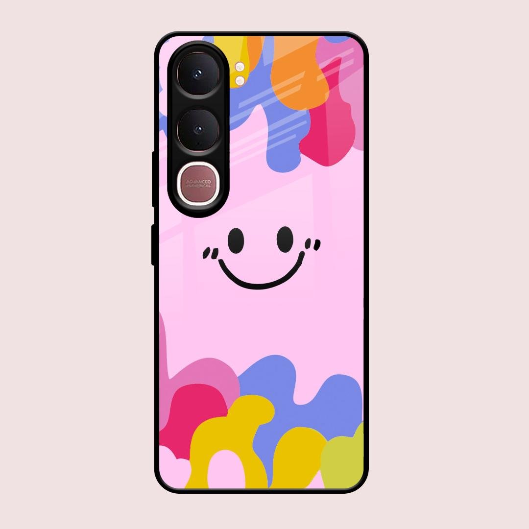 Cute Pink Smiley Multicolor Glass Case For Vivo Y31 5G