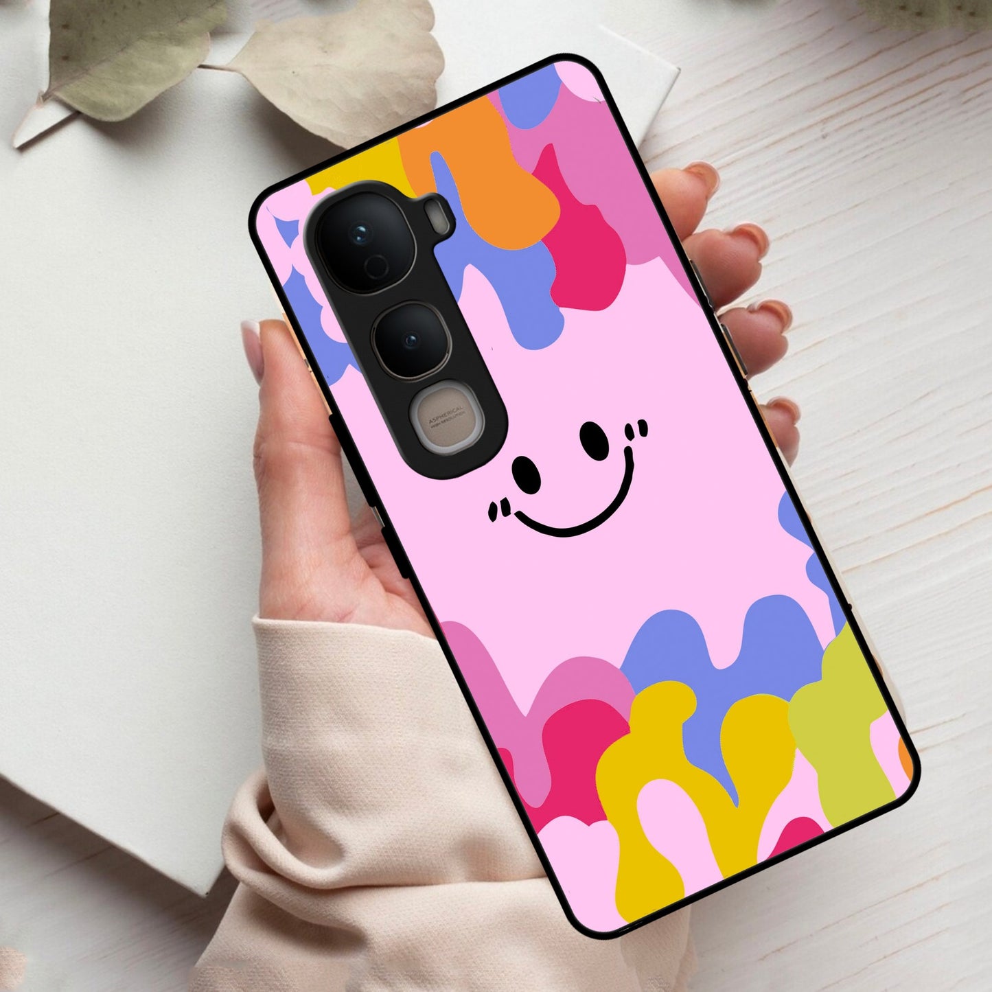 Cute Pink Smiley Multicolor Glass Case For Vivo