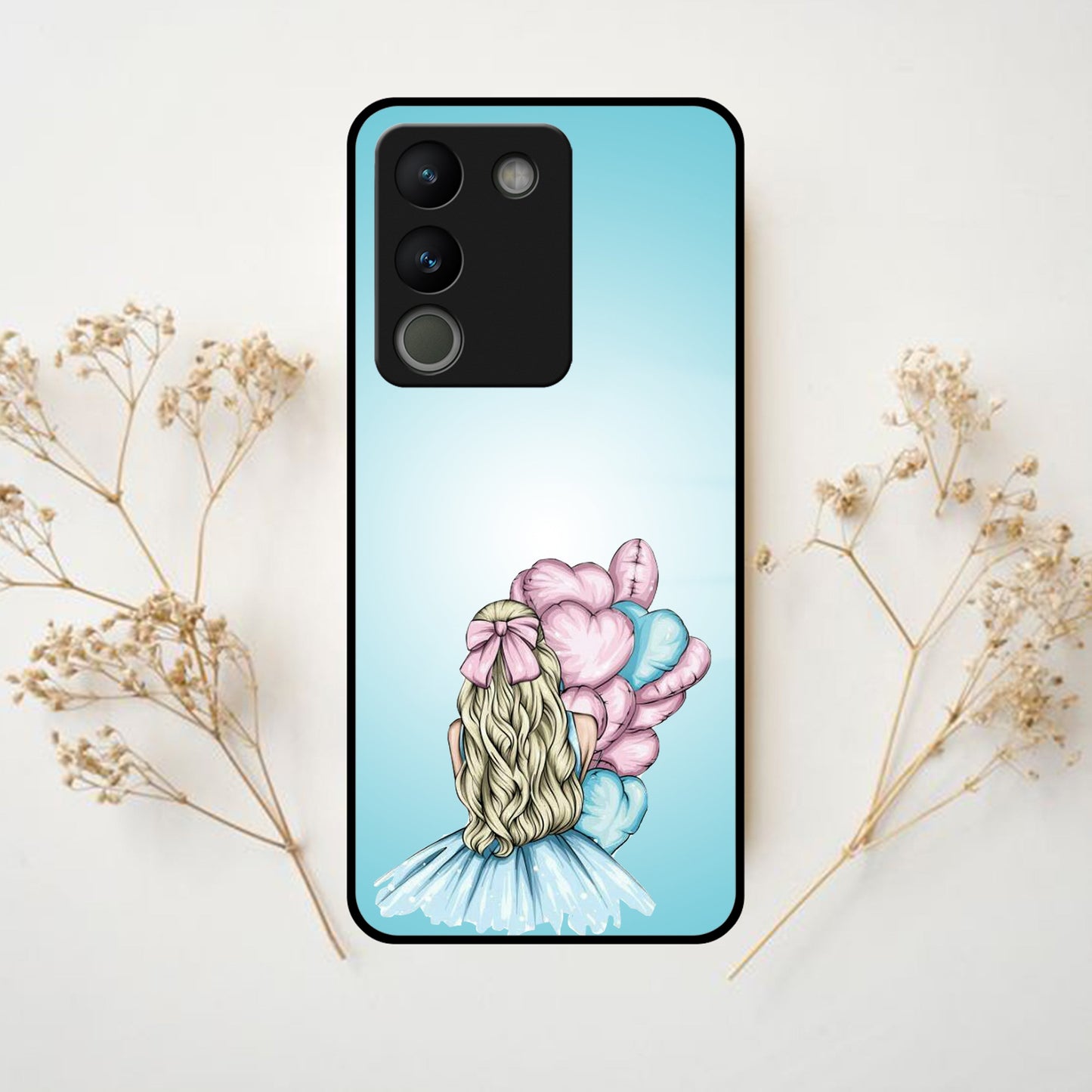 Styles Girl With Balloon Glass Case For Vivo