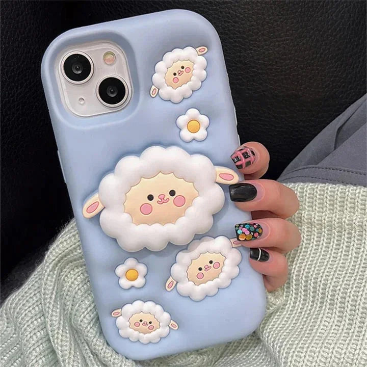 3D Cartoon Sheep Flock Case Funda Cotton Candy Cloud Pop Back Case with Holder - ShopOnCliQ