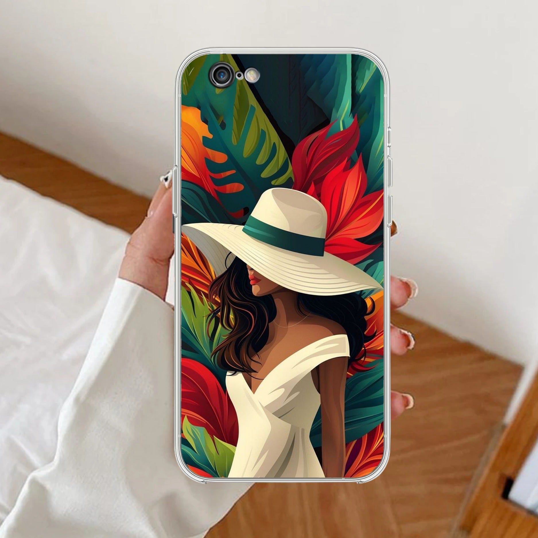 Fashionable Girl Hat Style Tropical Elegance Transparent Silicone Case for iPhone