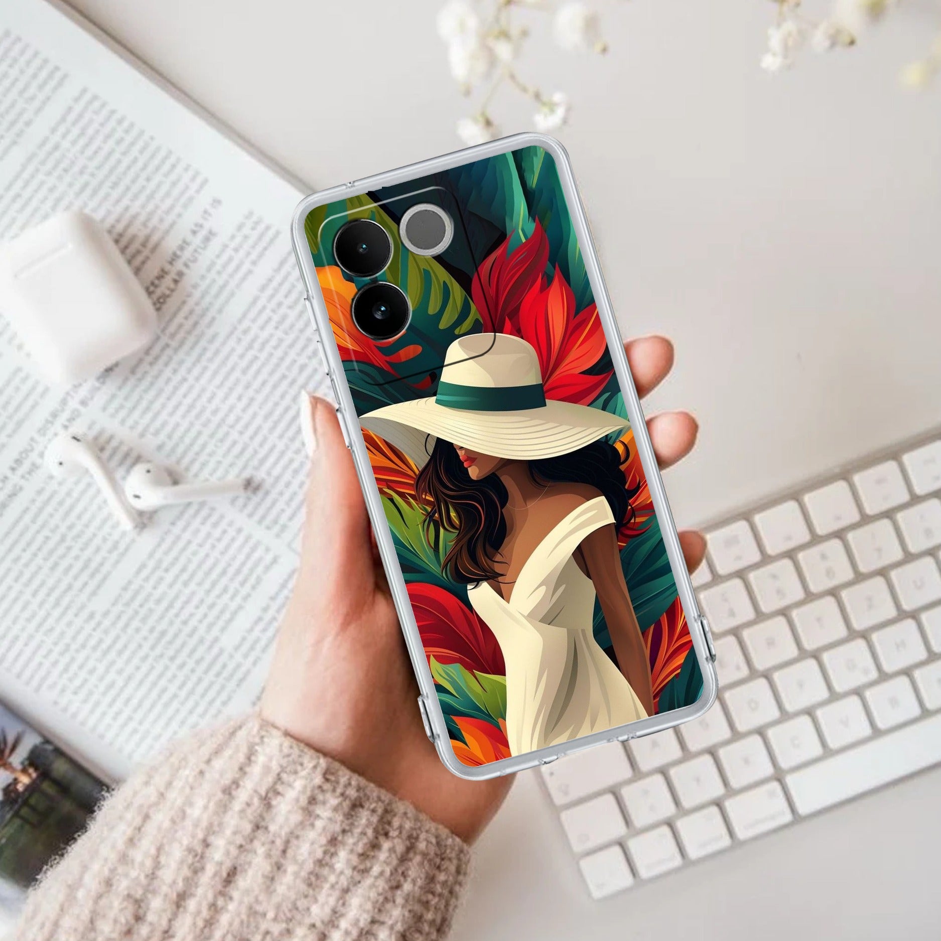 Fashionable Girl Hat Style Tropical Elegance Transparent Silicone Case For Vivo X90 Pro Plus 5G