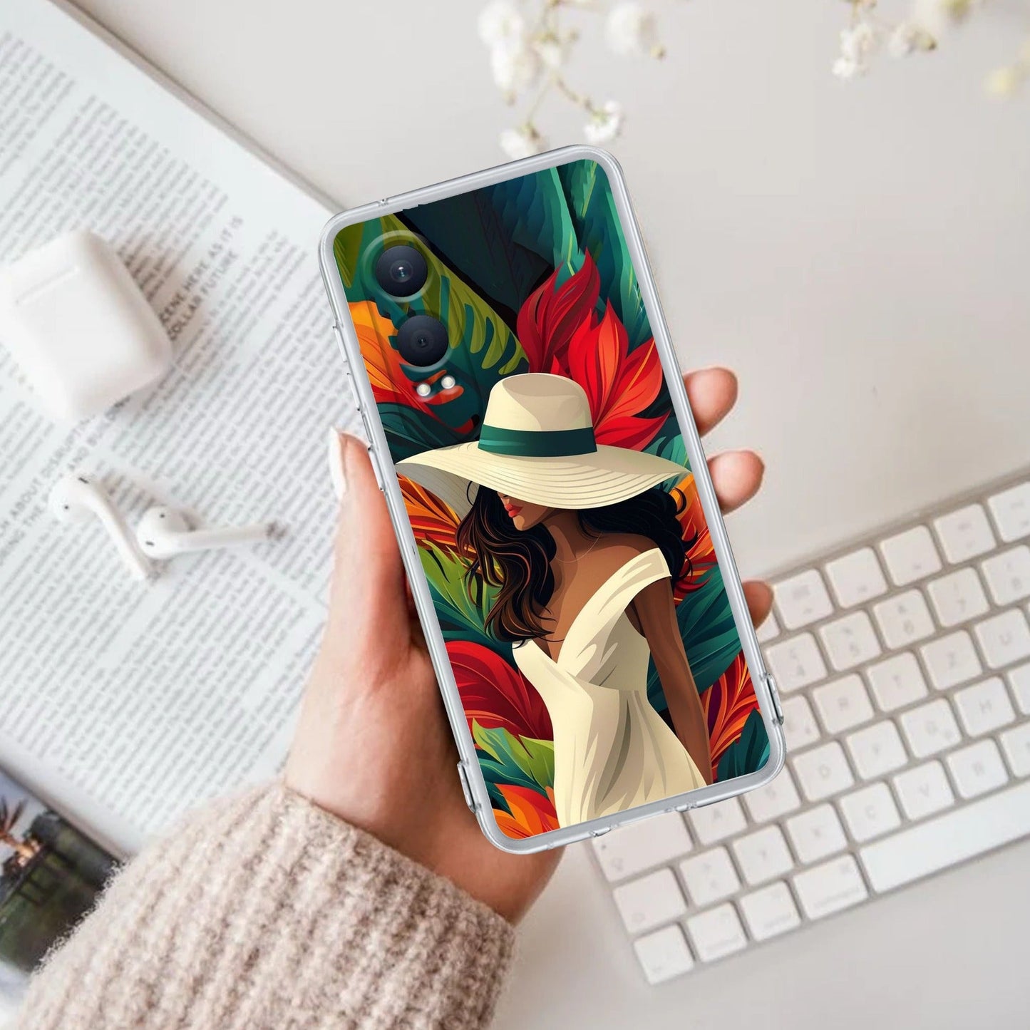 Fashionable Girl Hat Style Tropical Elegance Transparent Silicone Case for OnePlus