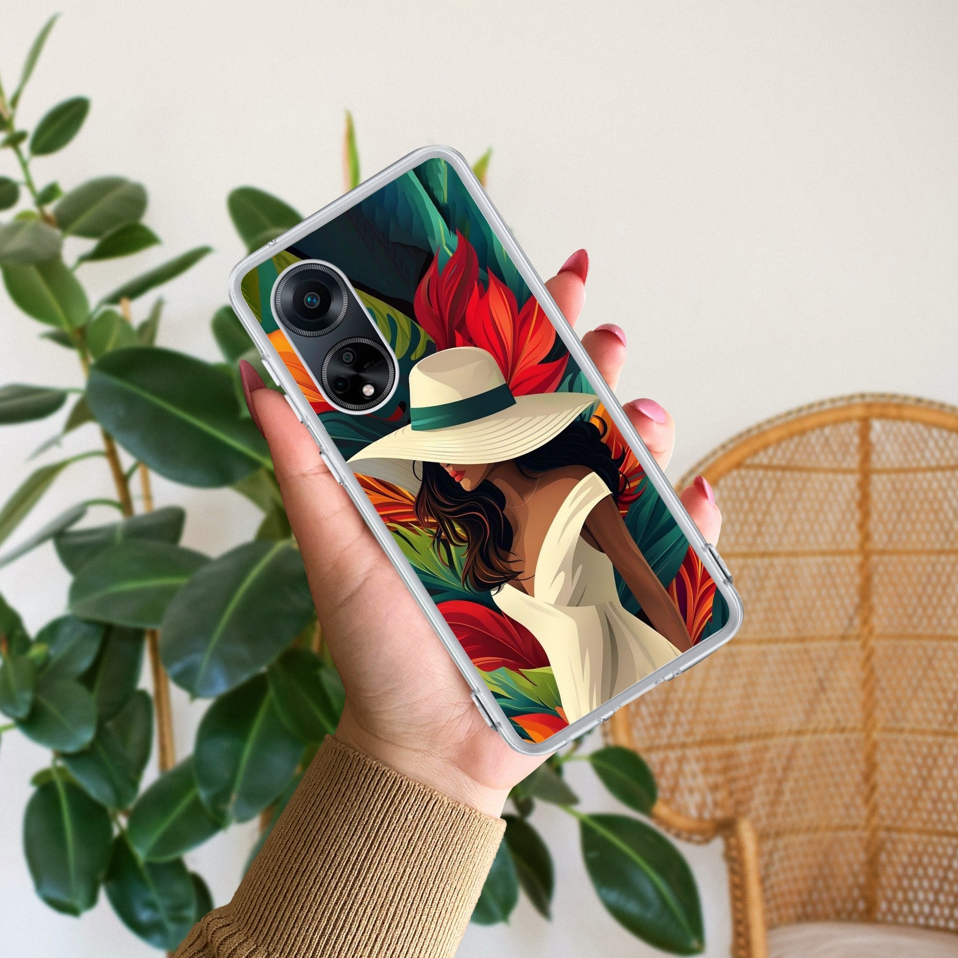 Fashionable Girl Hat Style Tropical Elegance Anti Yellow Case For Oppo F23 5G