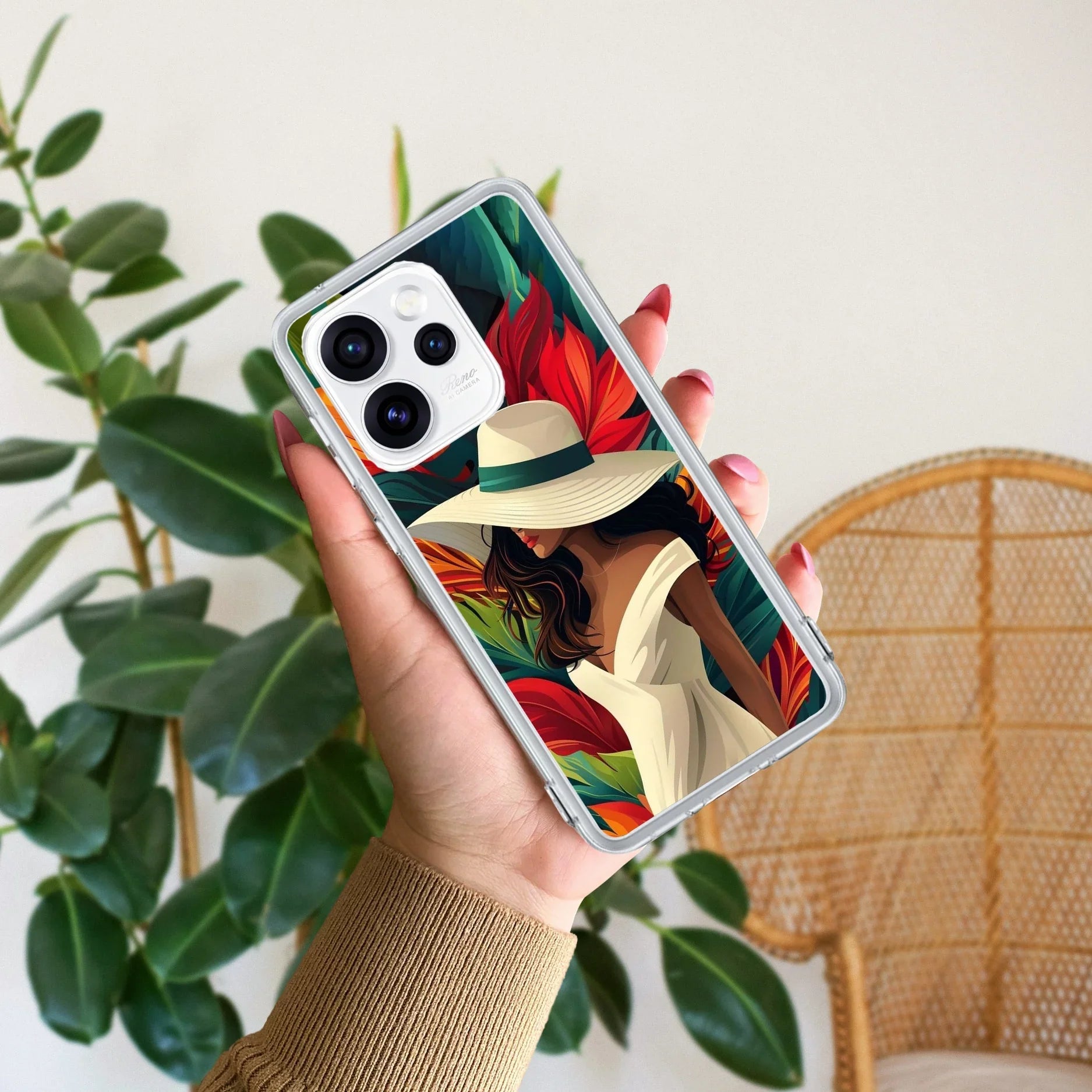 Fashionable Girl Hat Style Tropical Elegance Anti Yellow Case For Oppo Reno 15 Pro Mini 5G