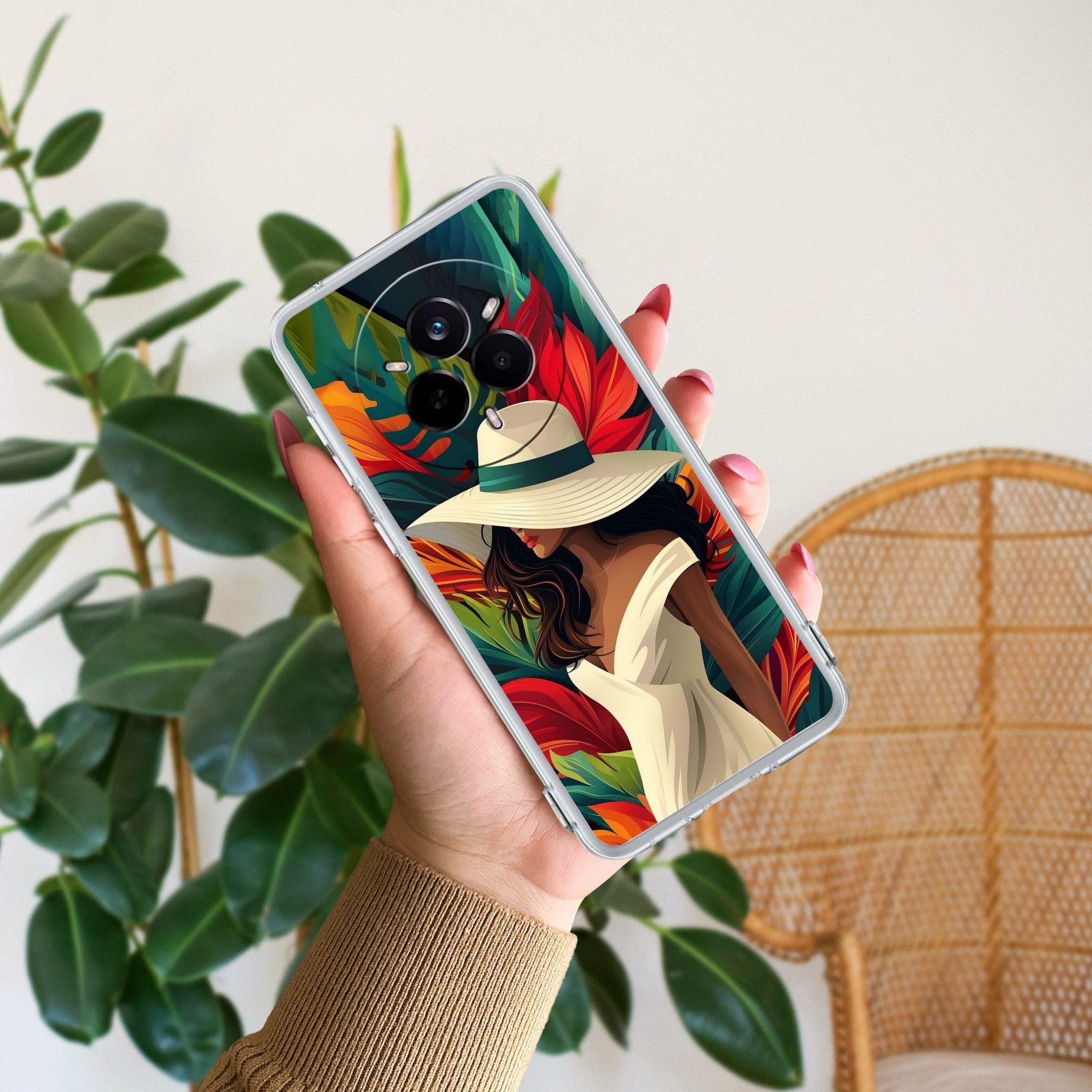 Fashionable Girl Hat Style Tropical Elegance Transparent Silicone Case For Realme 14 Pro Plus 5G