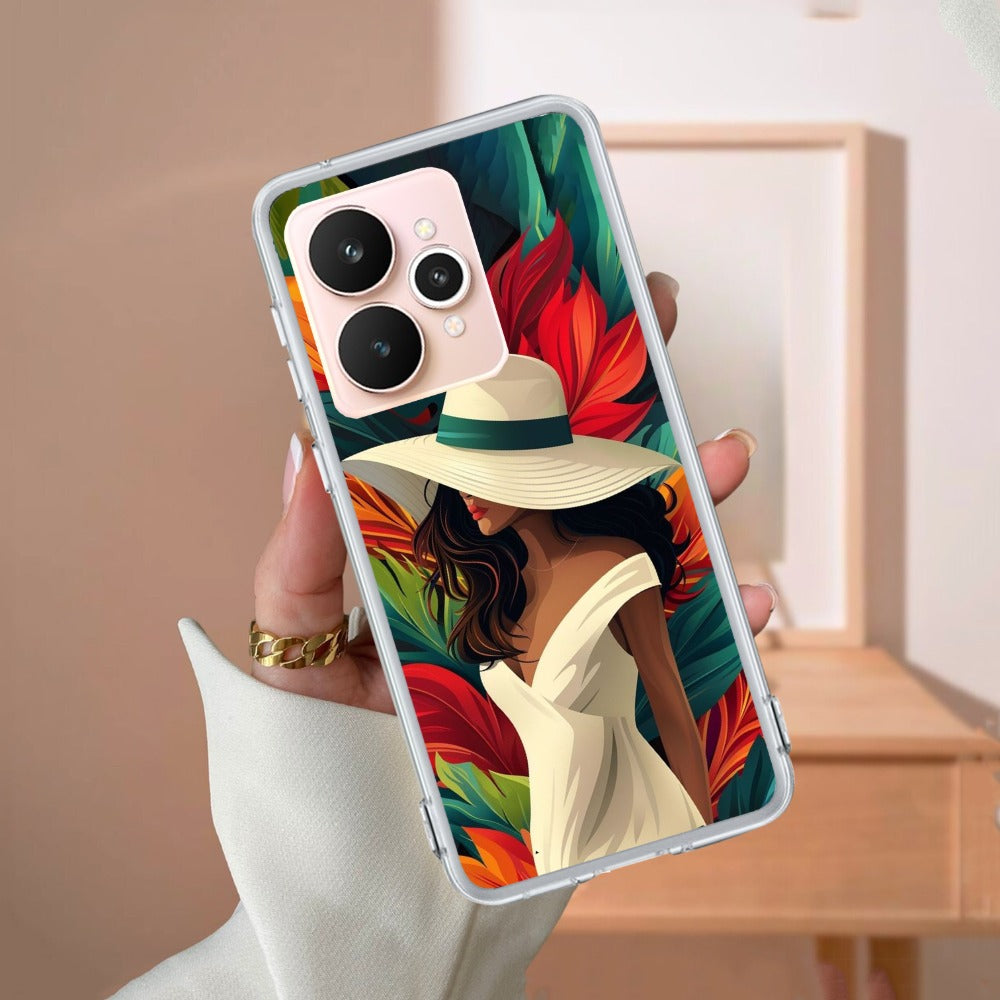 Fashionable Girl Hat Style Tropical Elegance Transparent Silicone Case for Realme/Narzo