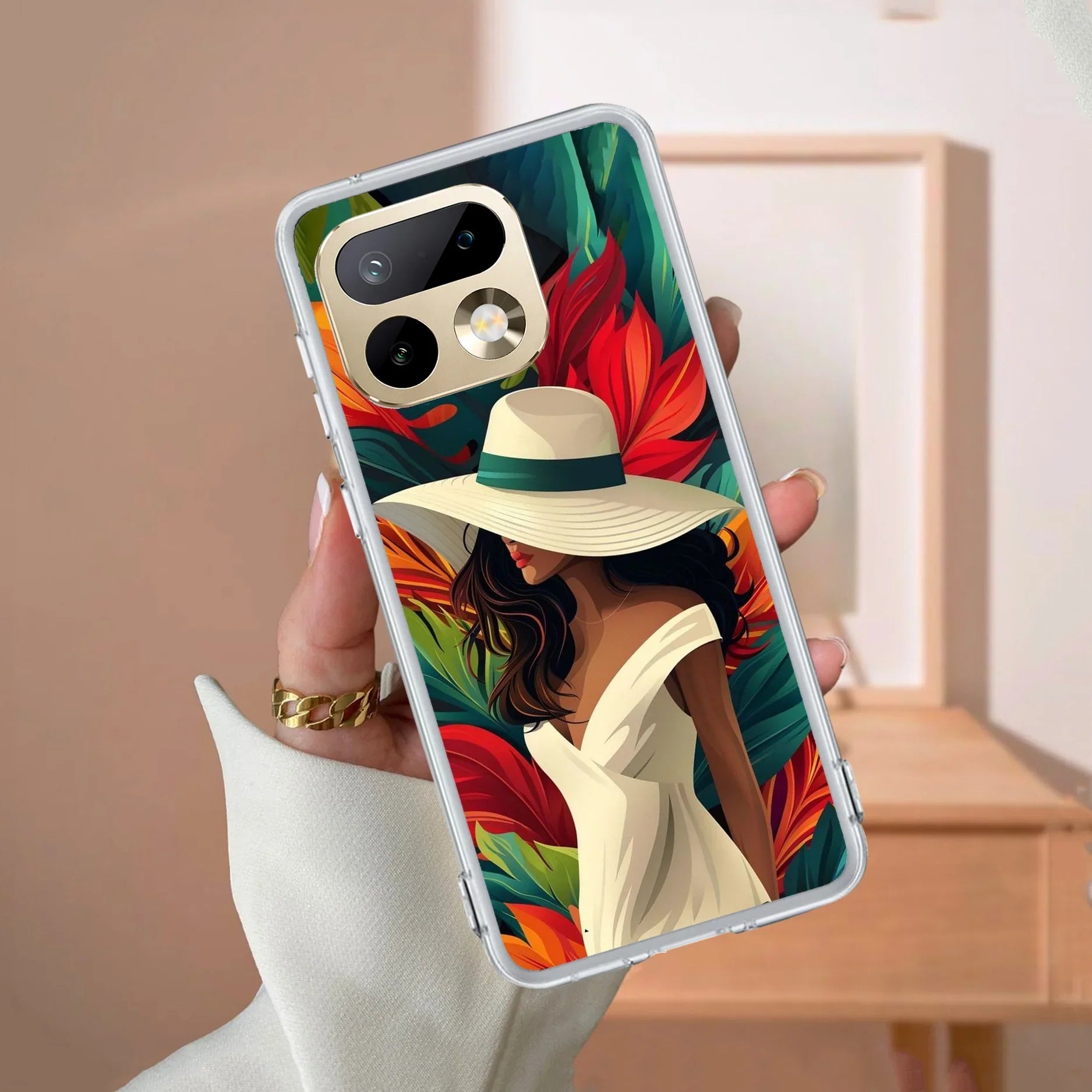 Fashionable Girl Hat Style Tropical Elegance Transparent Silicone Case For Realme GT 7 5G