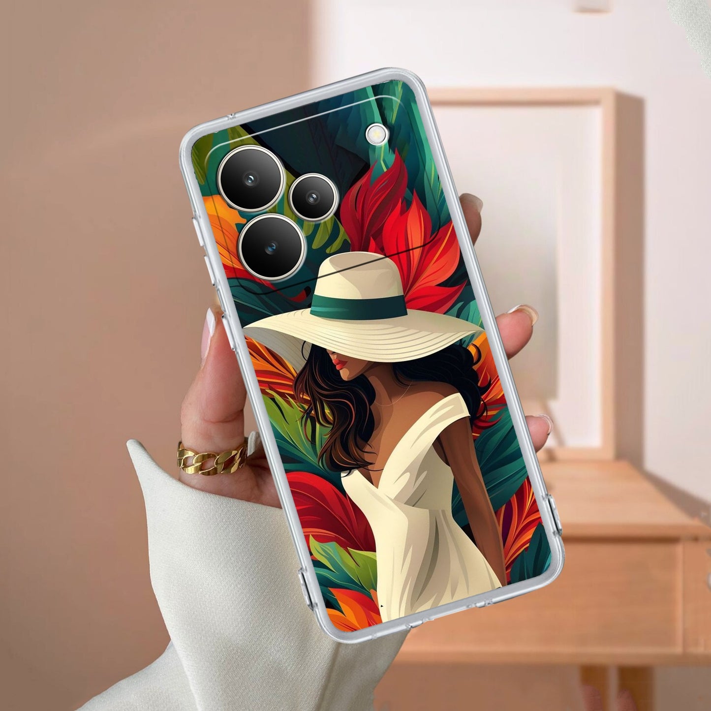 Fashionable Girl Hat Style Tropical Elegance Transparent Silicone Case for Realme/Narzo