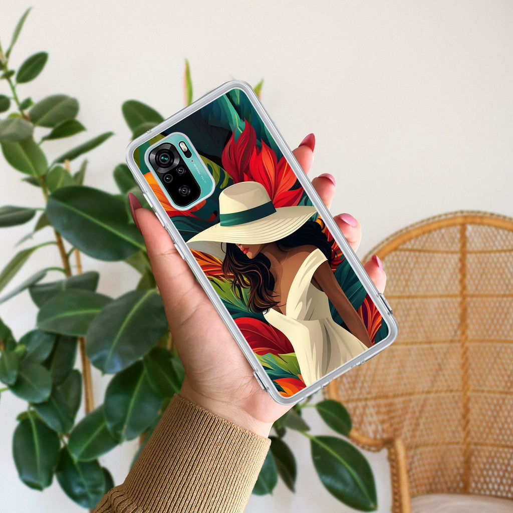 Fashionable Girl Hat Style Tropical Elegance Transparent Silicone Case For Redmi Note 10 / 10S