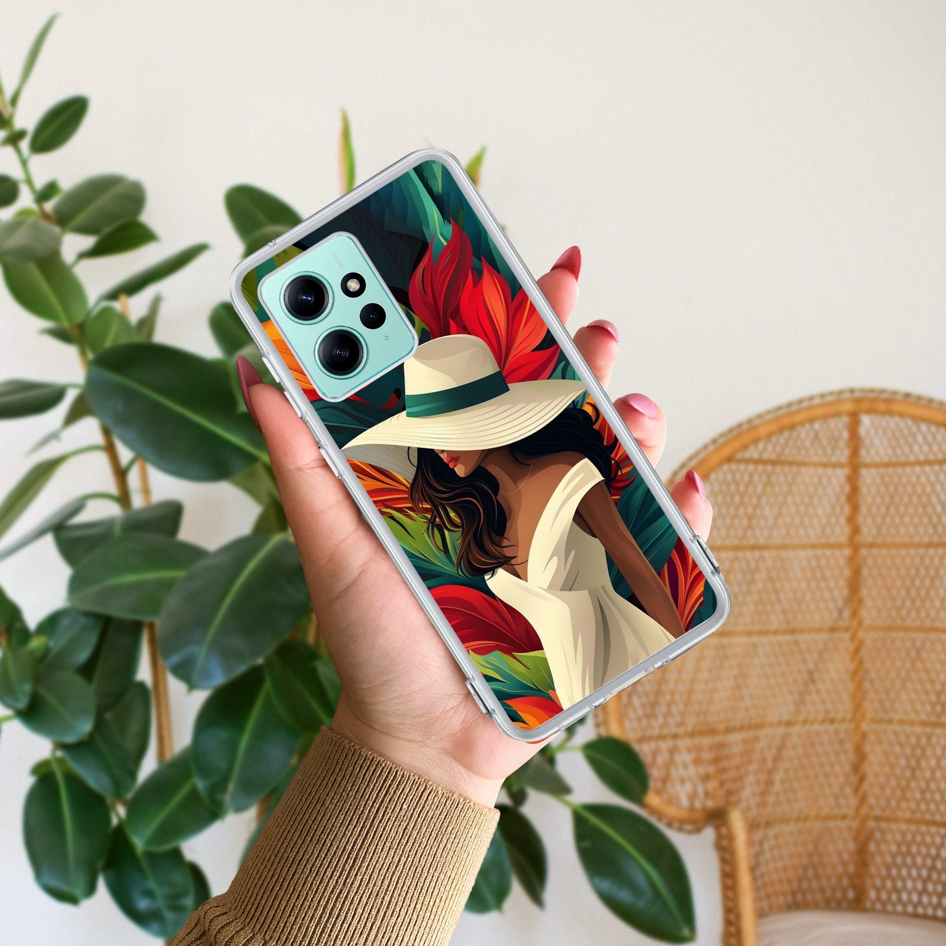 Fashionable Girl Hat Style Tropical Elegance Transparent Silicone Case For Redmi Note 12 4G