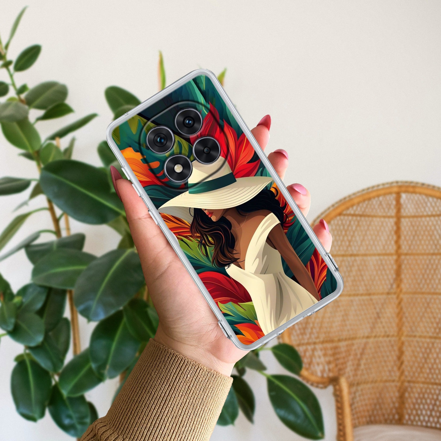Fashionable Girl Hat Style Tropical Elegance Transparent Silicone Case For Redmi Note 14 Pro Plus 5G