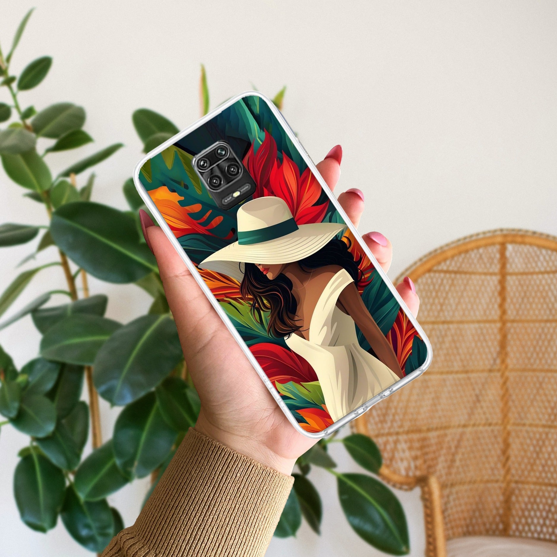 Fashionable Girl Hat Style Tropical Elegance Transparent Silicone Case For Redmi Note 9 Pro / Redmi Note 9 Pro Max / Redmi Note 10 lite