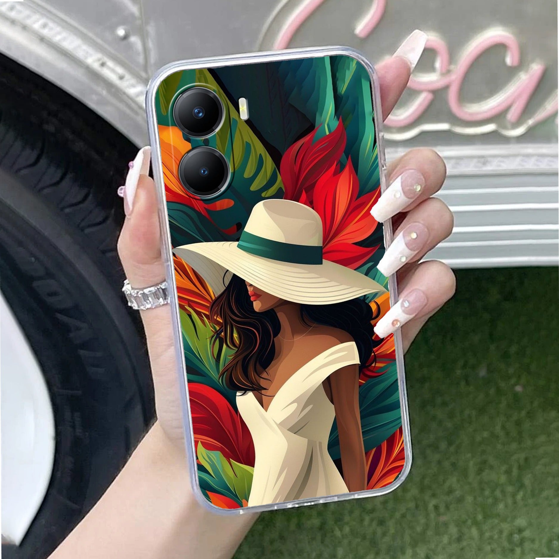 Fashionable Girl Hat Style Tropical Elegance Transparent Silicone Case For Vivo V30 5G