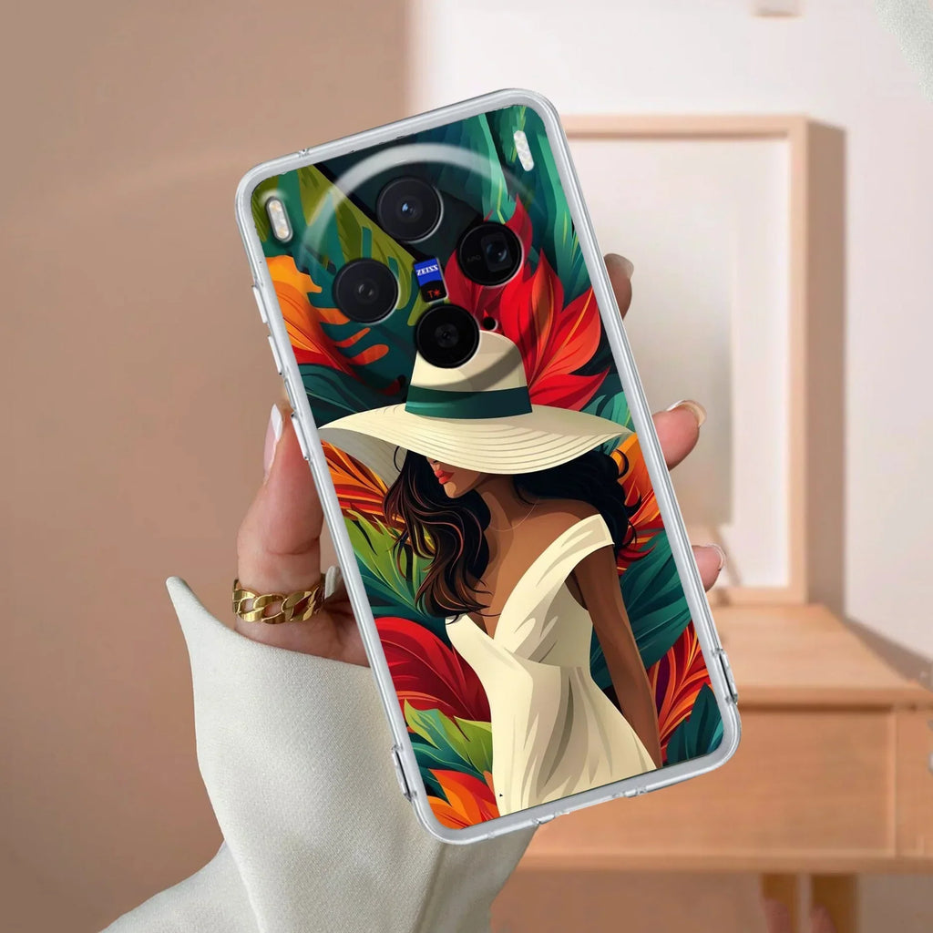 Fashionable Girl Hat Style Tropical Elegance Transparent Silicone Case For Vivo V21e 5G
