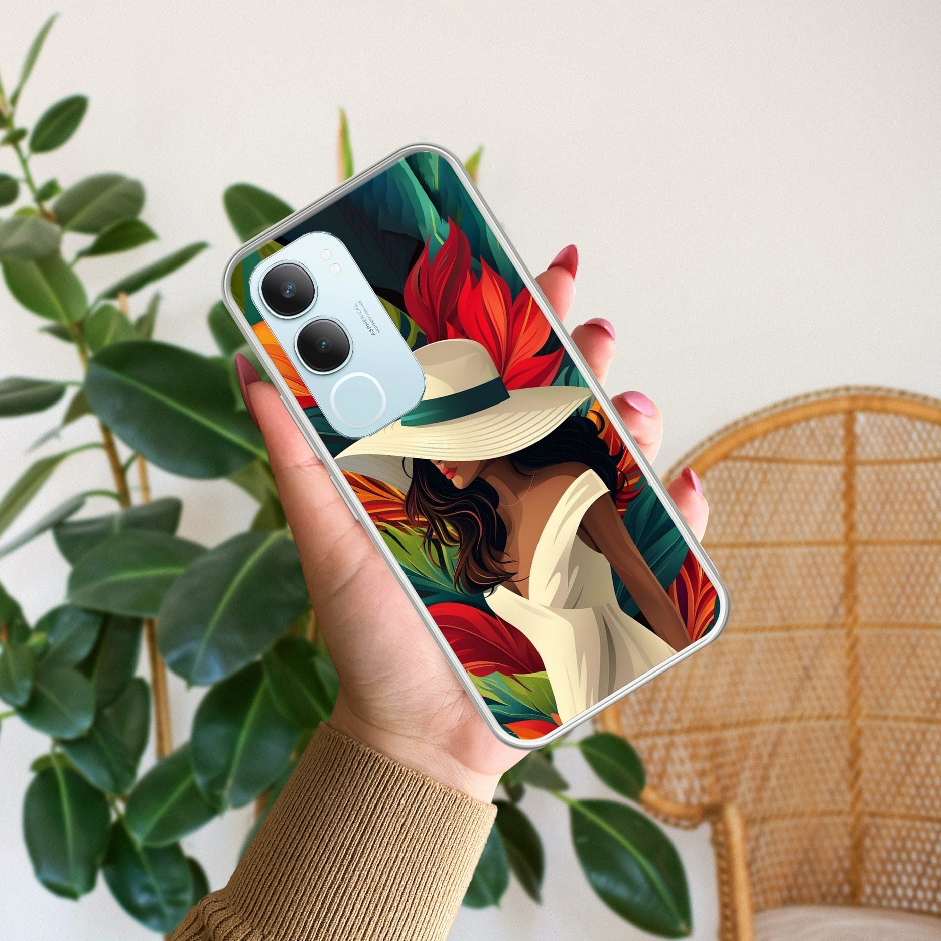 Fashionable Girl Hat Style Tropical Elegance Transparent Silicone Case For Vivo Y29 5G