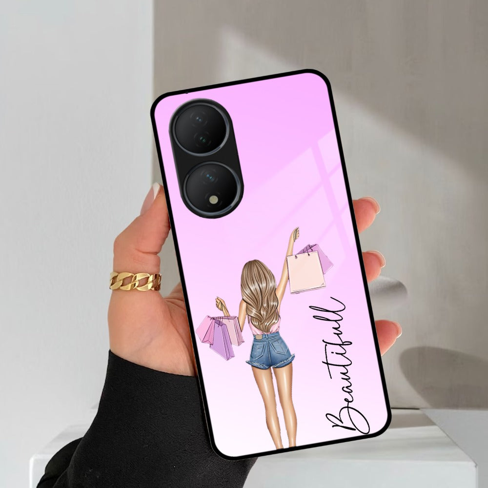 Girl With Bag Customize Name Glass Case For Vivo