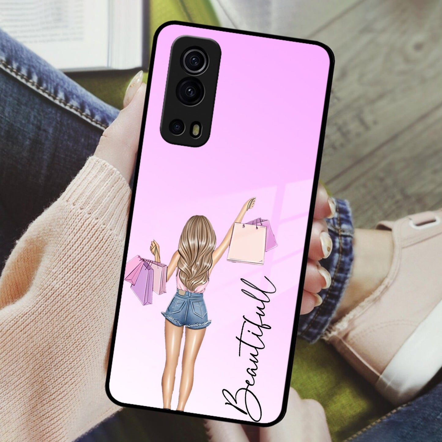 Girl With Bag Customize Name Glass Case For iQOO