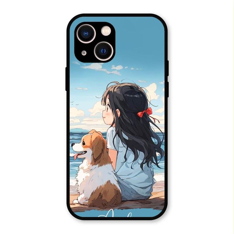 Girl With Dog Glossy Metal Case Cover For iPhone 13