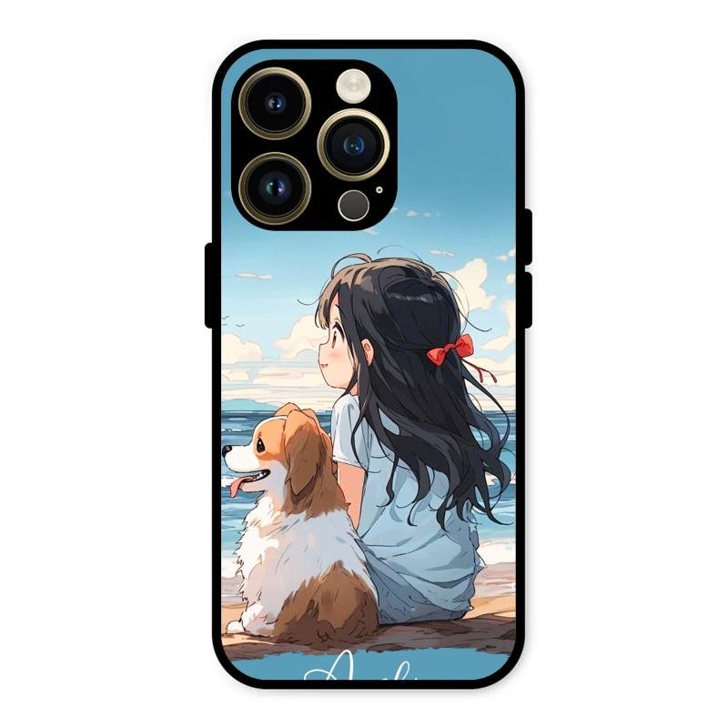 Girl With Dog Glossy Metal Case Cover For iPhone 14 Pro