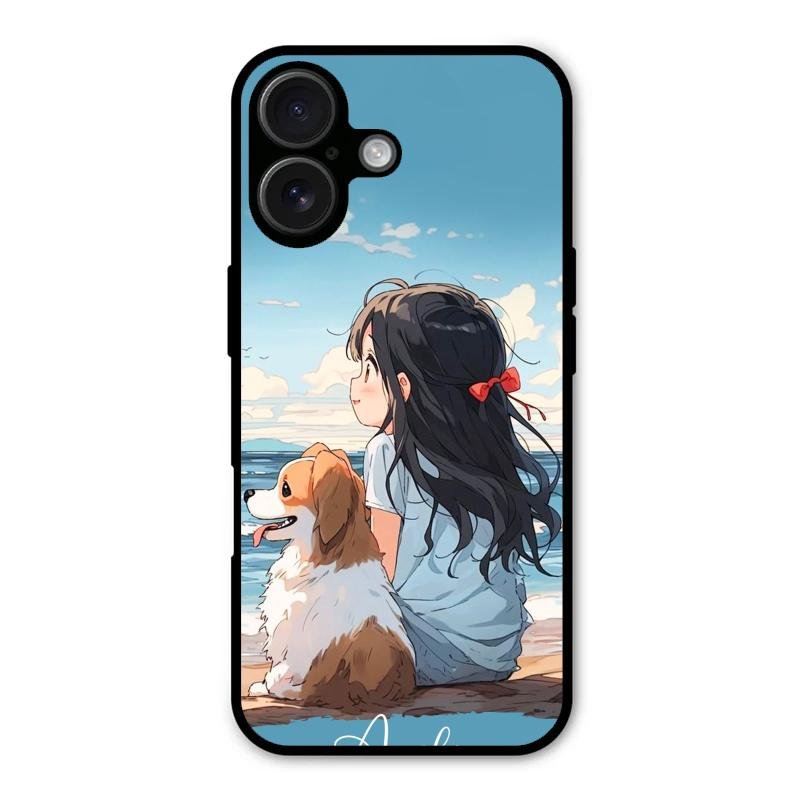 Girl With Dog Glossy Metal Case Cover For iPhone 16 Plus