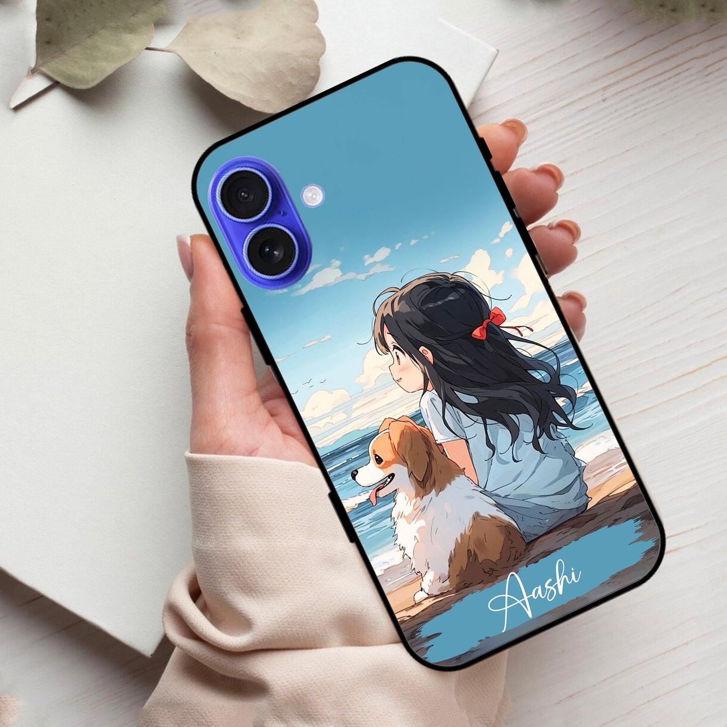 Girl With Dog Glossy Metal Case Cover For iPhone