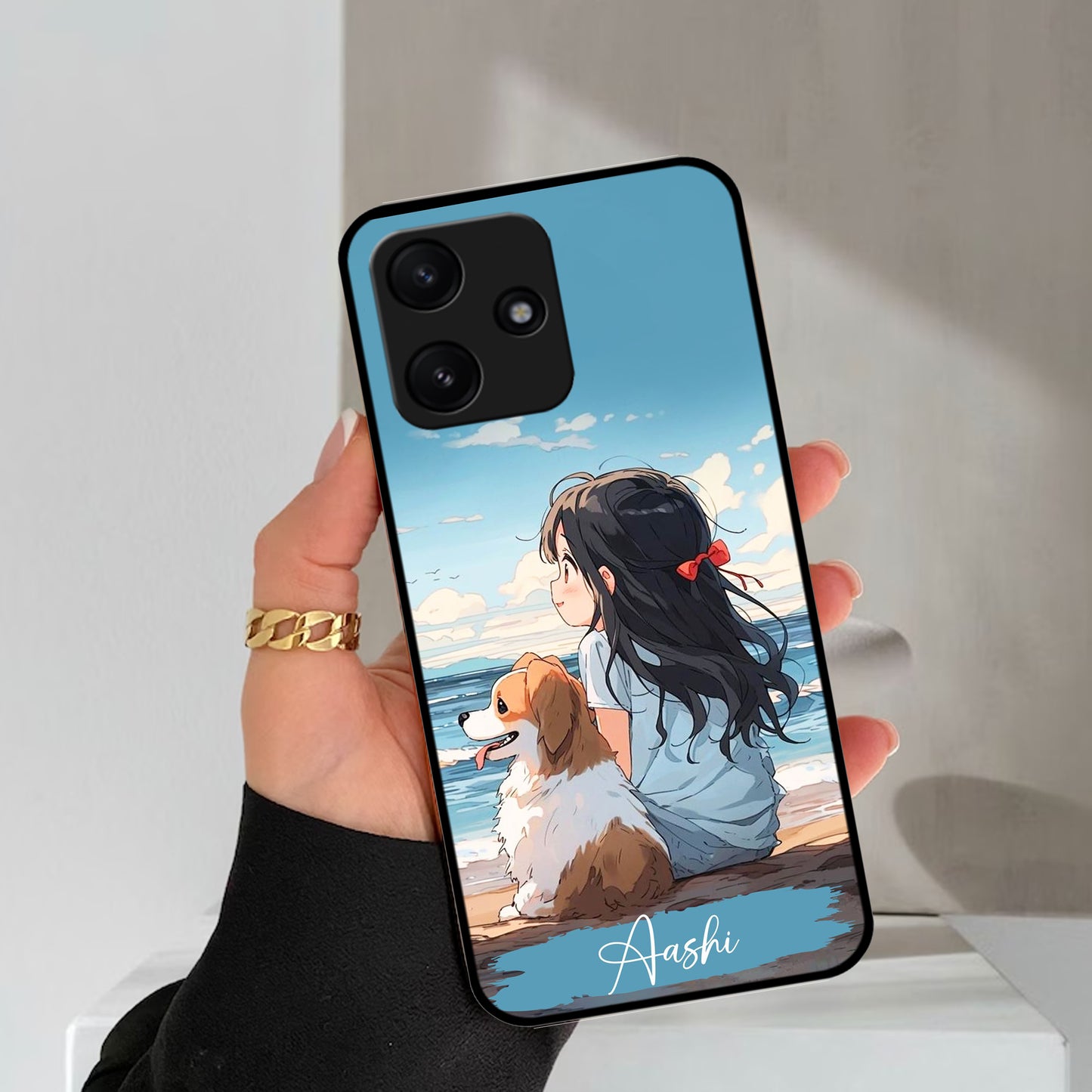 Girl With Dog Glossy Metal Case Cover For Redmi