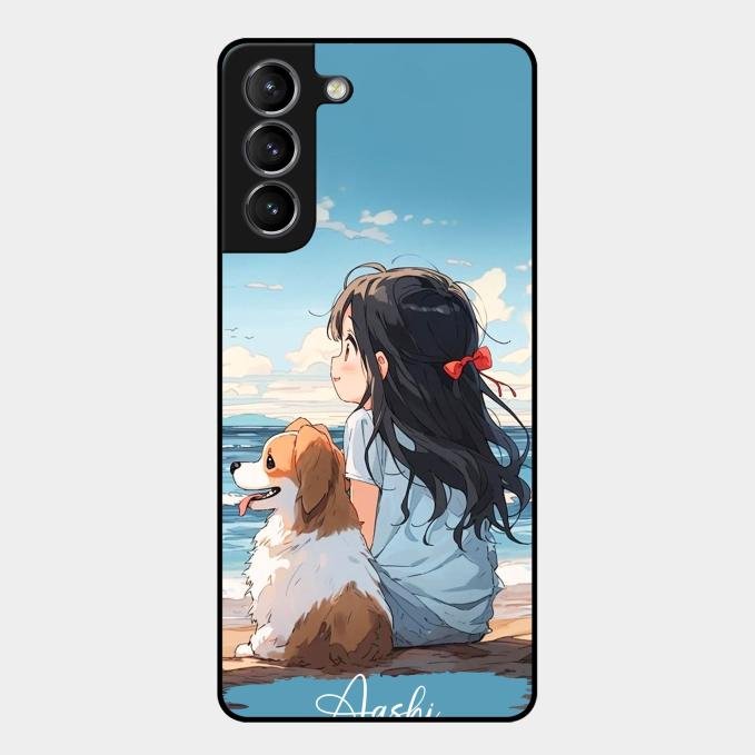 Girl With Dog Glossy Metal Case Cover For Samsung Galaxy S21 Plus