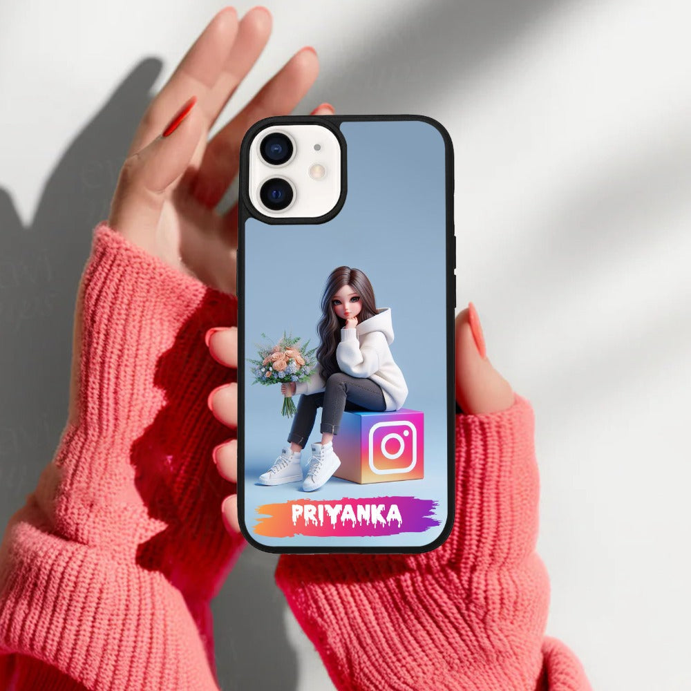 Girl With Flower Glossy Metal Case Cover For iPhone