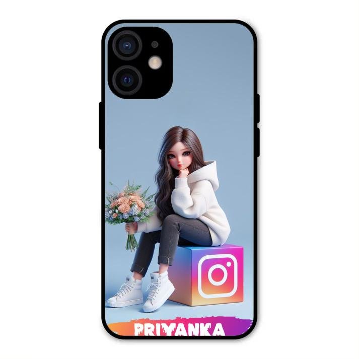 Girl With Flower Glossy Metal Case Cover For iPhone 12 mini
