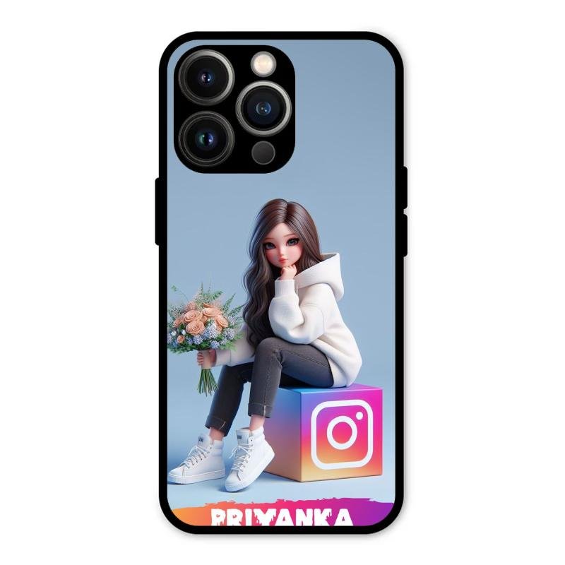 Girl With Flower Glossy Metal Case Cover For iPhone 13 Pro Max