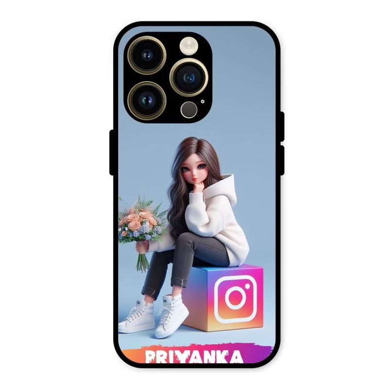 Girl With Flower Glossy Metal Case Cover For iPhone 14 Pro Max